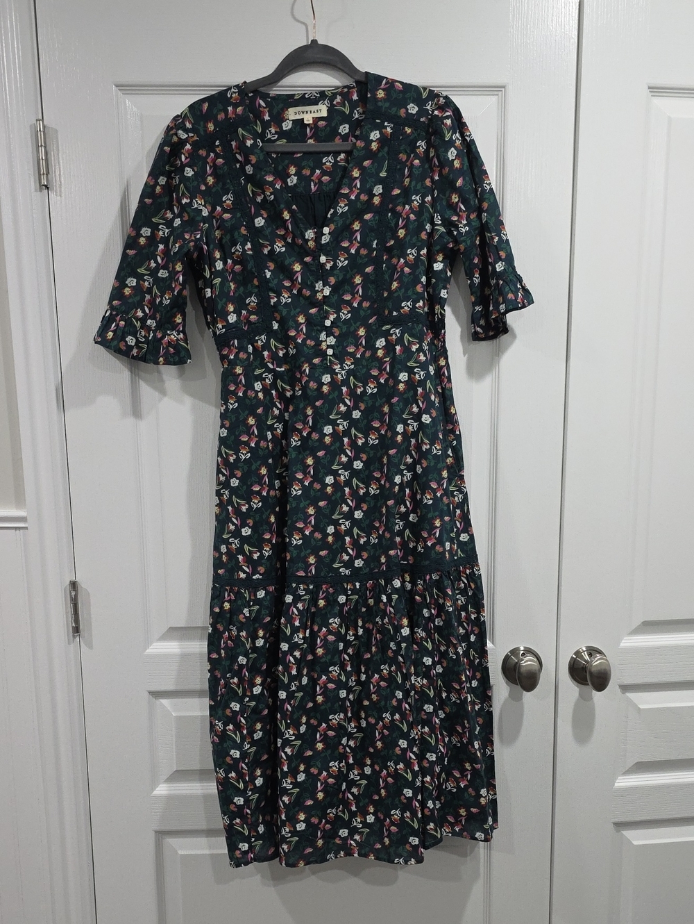 DownEast Dark Green Floral Midi Dress with Ruffle Hem